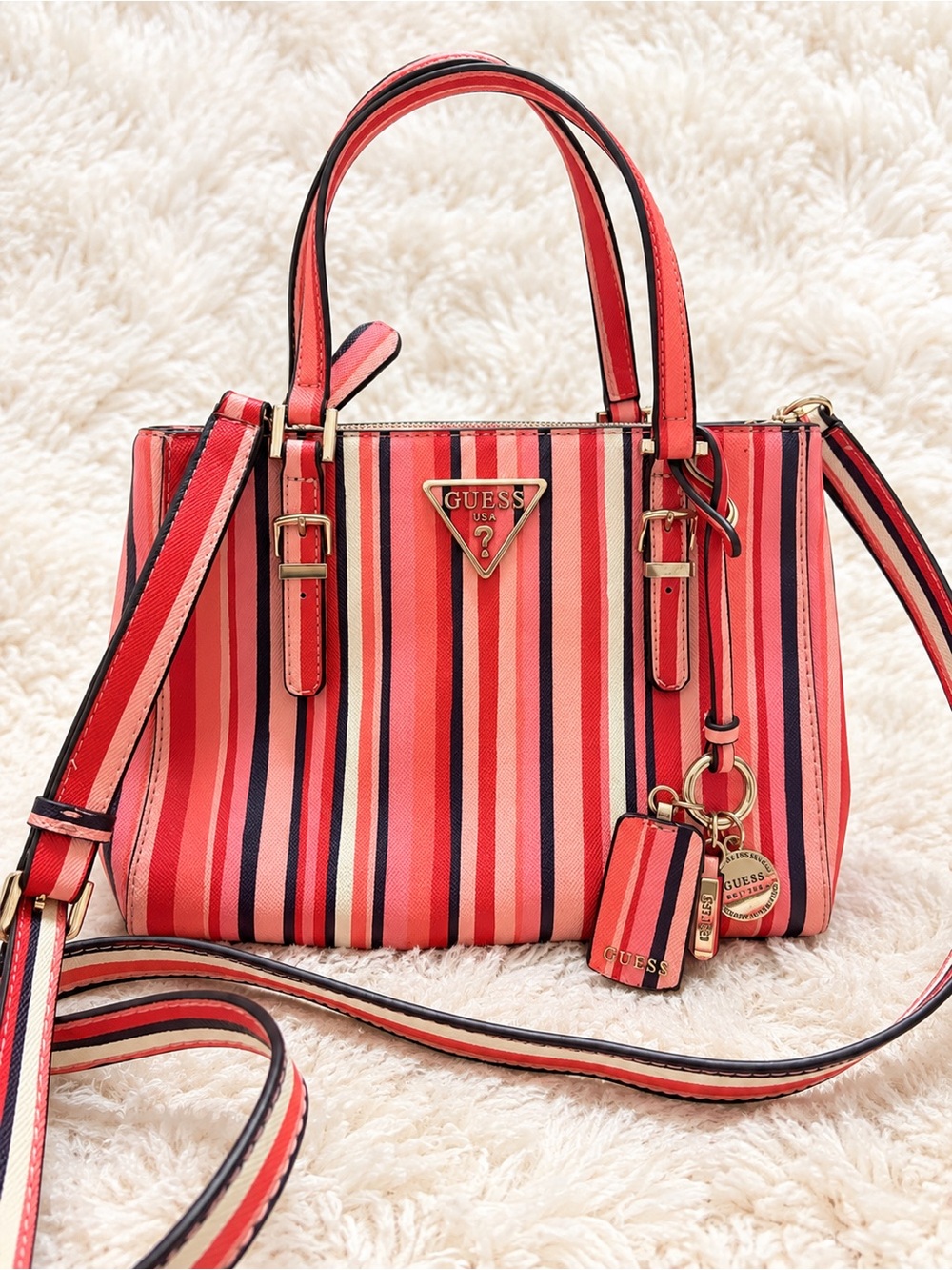 GUESS Coral and Pink Striped Satchel with Gold Hardware